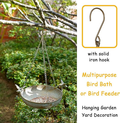 Hanging Bird Bath Feeder for Outdoor, 23" H Metal Birdbath with Cast Iron Bird Decor, Vintage Tray for Garden Yard Patio, Green