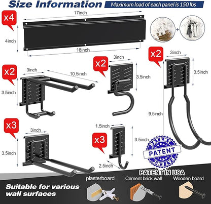 Sttoraboks Garage Tool Storage Rack, Heavy Duty Garage Storage Organizer Rack System Wall Mounted Tool with 12 double hooks, 4 rails Garden Tool Rack