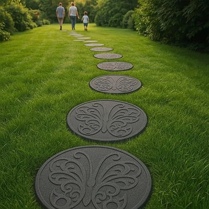 TierraVerde 4-Pack 18”x18” Fake Butterfly Rubber Stepping Stones, Round, Grey – Reversible Non-Slip Outdoor Faux Decorative Set for Landscaping – DIY Decor for Walkways & Yard Pathways