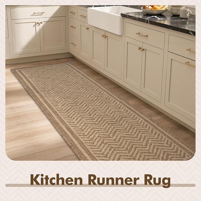 MontVoo-2x6 ft Indoor Outdoor Runner Rugs for Entryway Porch Hallway Kitchen Door Entrance Long, Textured Weave Polypropylene, Durable for High Traffic, Fade-Resistant, Boho Geometric Neutral Brown