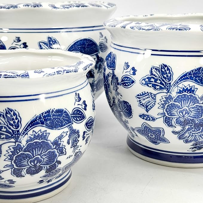Galt International Floral Blue & White Round Porcelain Ceramic Plant Flower Planter Pot Set of 3 (8", 10", 12") Garden Pots Chinese Asian Design