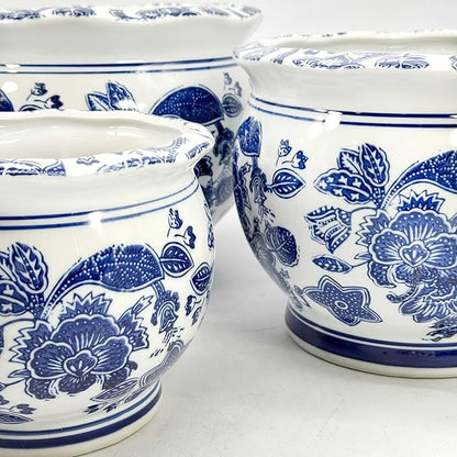 Galt International Floral Blue & White Round Porcelain Ceramic Plant Flower Planter Pot Set of 3 (8", 10", 12") Garden Pots Chinese Asian Design