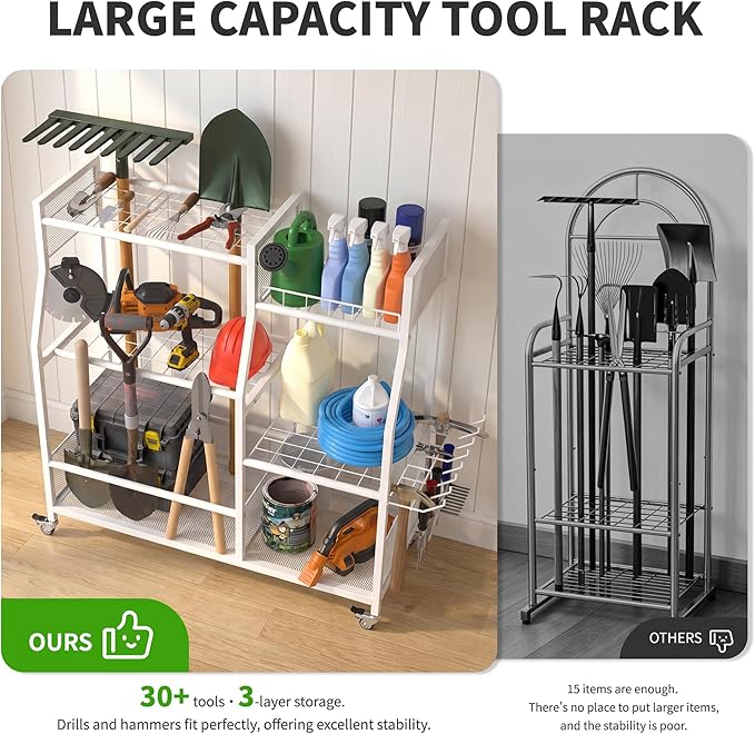 HOTEAGLE Yard Tool Organizer for Garage 35.4" Width High Stability Outdoor Metal Utility Rolling Cart with Mute Wheels, 18.5mm Thick Rods Ideal Garden Tool Rack, Easy to Clean,White