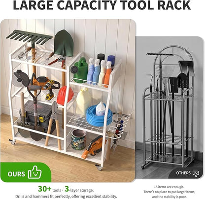 HOTEAGLE Yard Tool Organizer for Garage 35.4" Width High Stability Outdoor Metal Utility Rolling Cart with Mute Wheels, 18.5mm Thick Rods Ideal Garden Tool Rack, Easy to Clean,White