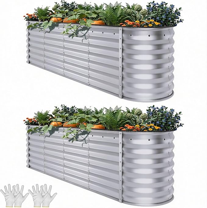 YITAHOME 8x2x2ft Large Raised Garden Bed Kit, 24" Tall 9 in 1 Galvanized Metal Planter Box with Gloves and Safety Rubber, Outdoor Above Ground Planters for Plants Vegetables Flowers, Silver