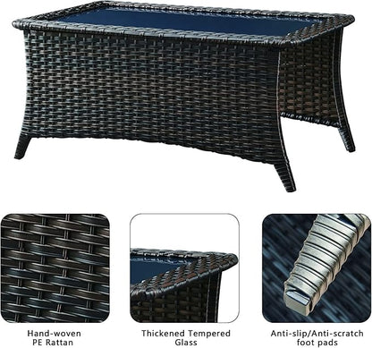 Rilyson Patio Tables Wicker Coffee Table - Outdoor Rattan Coffee Tables with Glass Top for Patio Proch Deck Balcony Rectangle Brown