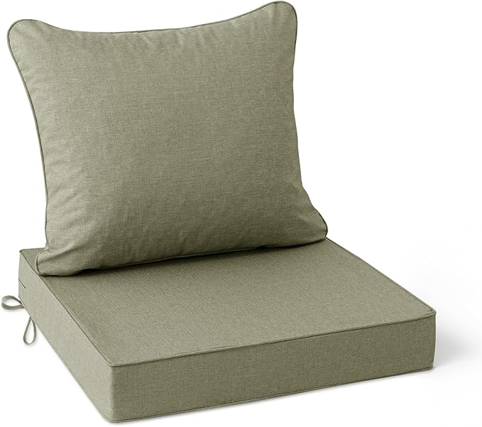 Summsun Water Resistant Outdoor Chair Cushions, Faux Linen Backrest and Deep Seat Cushion Set with Ties, Removable Cover, Non-Slip Bottom for Patio Furniture, 24 x 24 Inch, Mocca Green