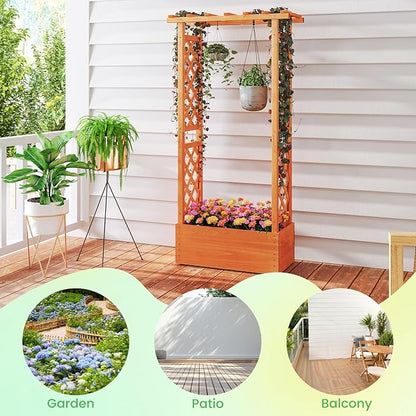 S AFSTAR Raised Garden Bed with Trellis, 2 Pieces Wood Planter Box with Hanging Roof & Drainage Holes for Climbing Plants, Vines, Flowers & Vegetables, Indoor Outdoor Plant Container for Patio & Yard