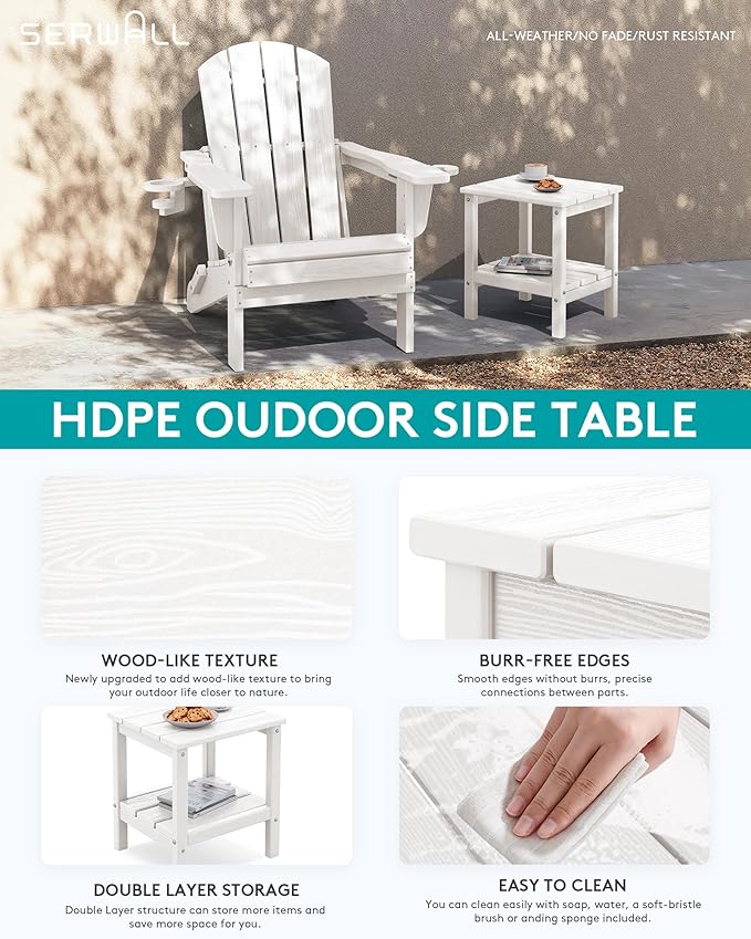 SERWALL 2-Tier HDPE Outdoor Side Table with Umbrella Hole, Weatherproof Rectangular Adirondack Side Table, White