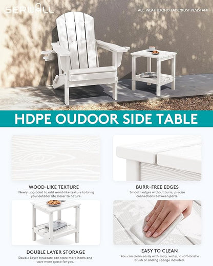 SERWALL 2-Tier HDPE Outdoor Side Table, Weatherproof Rectangular Adirondack Side Table, White