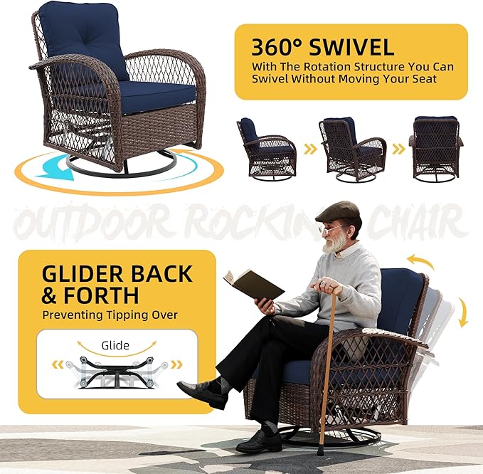 UPHA 10 Pieces Patio Furniture Sets Outdoor Sectional Sofa Wicker Conversation Couch with Bistro Swivel Chair for Decks, Backyards, Gardens, Brown Rattan, Navybule Cushion
