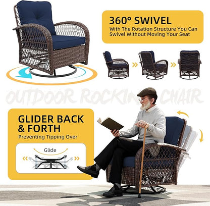 UPHA 10 Pieces Patio Furniture Sets Outdoor Sectional Sofa Wicker Conversation Couch with Bistro Swivel Chair for Decks, Backyards, Gardens, Brown Rattan, Navybule Cushion