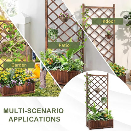 Outvita Wood Planter with Trellis, 29" x 17" x 67" Outdoor Raised Garden Bed with Drainage Holes, Vertical Standing Planter Box for Climbing Plants Vegetable in Garden, Patio, Balcony (Brown)