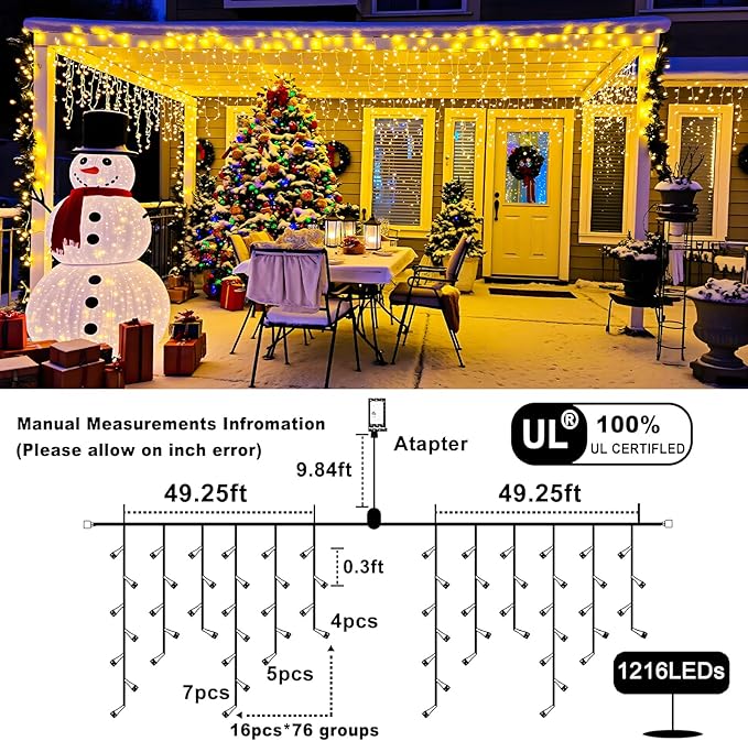 Icicle Lights for Outside 99ft 1216 LED Christmas Lights Outdoor 8 Modes with 228 Drops, Waterproof Plug in Fairy String Lights for Party, Holiday, Wedding, Christmas Decoration, Warm White