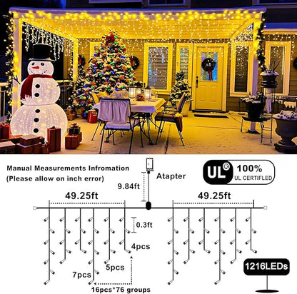 Icicle Lights for Outside 99ft 1216 LED Christmas Lights Outdoor 8 Modes with 228 Drops, Waterproof Plug in Fairy String Lights for Party, Holiday, Wedding, Christmas Decoration, Warm White