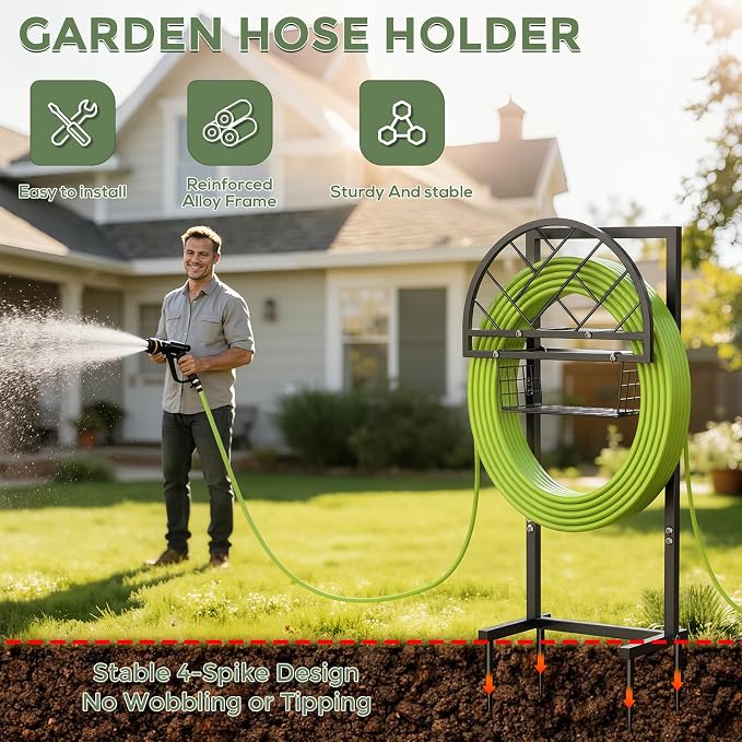 Garden Hose Holder Heavy Duty Water Hose Holder with Storage Basket,Holds Up to 165FT Hose, Freestanding Outdoor Hose Hanger with 4 Spikes Sturdy Hose Stand, for Outside Yard Lawn Patio