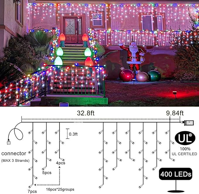 Icicle Christmas Lights Outdoor 33ft 400 LED Icicle Lights for Outside 8 Modes with 75 Drops, Waterproof Hanging Christmas Light Plug in for Indoor Outside Party Holiday Xmas Decorations, Red&White