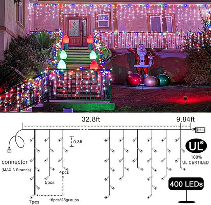 Icicle Christmas Lights Outdoor 33ft 400 LED Icicle Lights for Outside 8 Modes with 75 Drops, Waterproof Hanging Christmas Light Plug in for Indoor Outside Party Holiday Xmas Decorations, Red&White