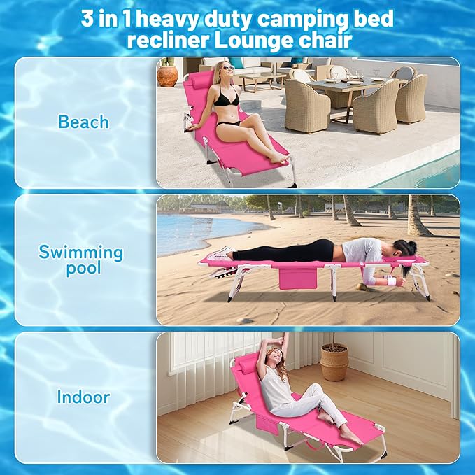 Outdoor Chaise Lounge with Detachable Pillow, Reclining Folding Chair with 5-Position Adjustable Back, Portable Tanning Chair For Beach, Pool, Lawn, Breathable Mesh Seat, No Assembly (Pink 2)