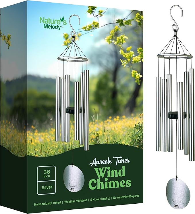 Nature’s Melody Aureole Tunes Wind Chimes – Outdoor Windchime with 6 Tubes Tuned to E Pentatonic Scale, 100% Rustproof Aluminum, Powder Finish & S Hook Hanger for Sympathy, Memorial Gift or Zen Garden