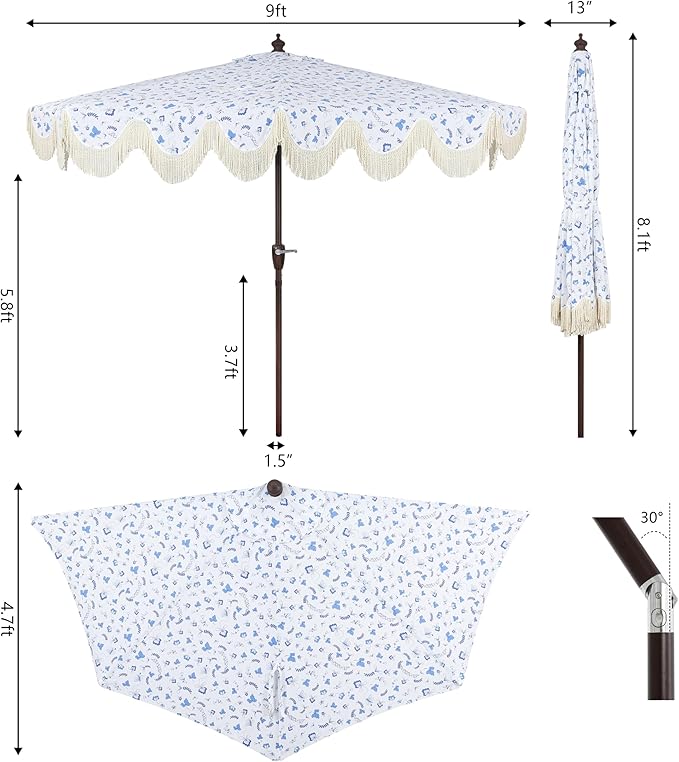 JONATHAN Y Half Umbrella UMB1201G Beverly 9 ft. Designer Classic Scalloped Fringe Market Patio with Crank, Push Button Tilt and UV Protection in Blue/White/Cream