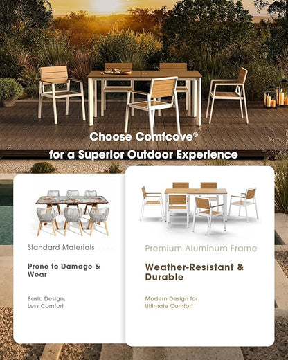 Outdoor Patio Dining Chairs Set of 2, Aluminum & HDPE All-Weather for Deck, Lawn, Backyard, Pool and Indoor Use (White & Teak)