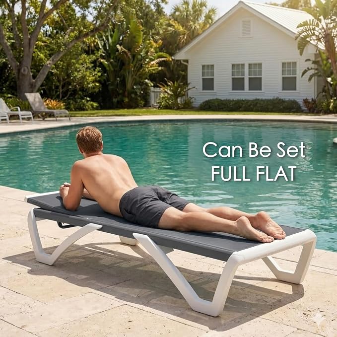 Kozyard Outdoor Chaise Lounge Chair, Fully Flat Adjustable Patio Lounger with Aluminum Frame & Resin Legs, Textilene Fabric for Poolside, Backyard & Beach (Gray)