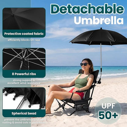 HaSteeL Low Beach Chair Set of 2, Foldable Black Camping Chair with Adjustable Umbrella Set for Adults, Lightweight Portable Lawn Chairs for Fishing, Picnic, Outdoor BBQ, Travel, Sports