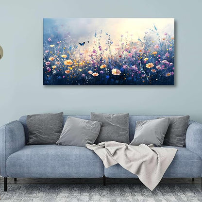 JLXART Canvas Wall Art Colorful Wildflower With Butterflies Wall Decor Purple and Yellow Poppy Floral Artwork Flowers Prints Paintings for Living Room Home Decorations,20x40inch