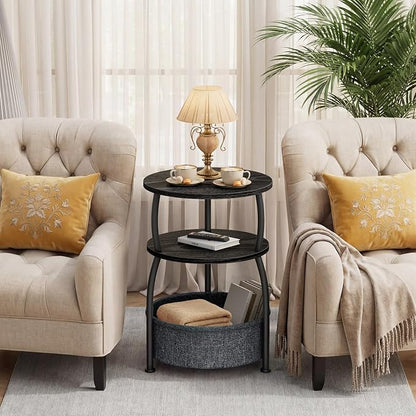 Round Side Table with Storage Basket, End Table Living Room, Black | Round End Table Small Spaces, Bedside Table for Bedroom, 3 Tiers, Sofa Couch Side Table, Greige 15.75 x 24in