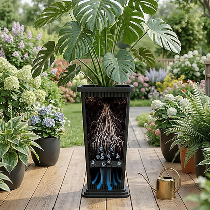 Tall Black Planters Outdoor Set of 2, Large Outdoor Tall Planters Pots with Tray, Modern Tapered Flower Planter for Front Porch, Patio, Garden (24", Ribbed)