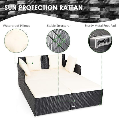 COSTWAY Outdoor Patio Rattan Daybed, Sponge Cushioned Loveseat Sofa with 4 Pillows, Wicker Furniture Sunbed for Balcony, Courtyard (Beige)