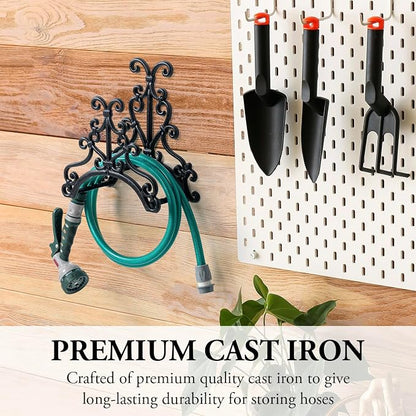 MyGift Brown Heavy Duty Cast Iron Outdoor Garden Hose Hanger Wall Mounted Water Hose Holder Reel with Vintage Scrollwork Design (Floral Pattern)