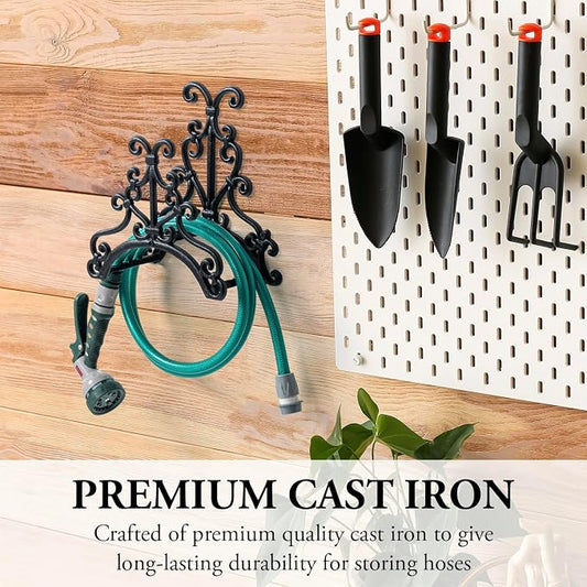 MyGift Brown Heavy Duty Cast Iron Outdoor Garden Hose Hanger Wall Mounted Water Hose Holder Reel with Vintage Scrollwork Design (Floral Pattern)