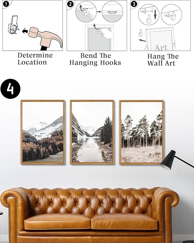 UPWOIGH Large Framed Canvas Wall Art, Set of 3 Pine Trees, 16x24 in Minimalist Cotton Posters, Mountain Landscape Photography, Modern Botanical Aesthetic for Living Room, Bedroom, Office