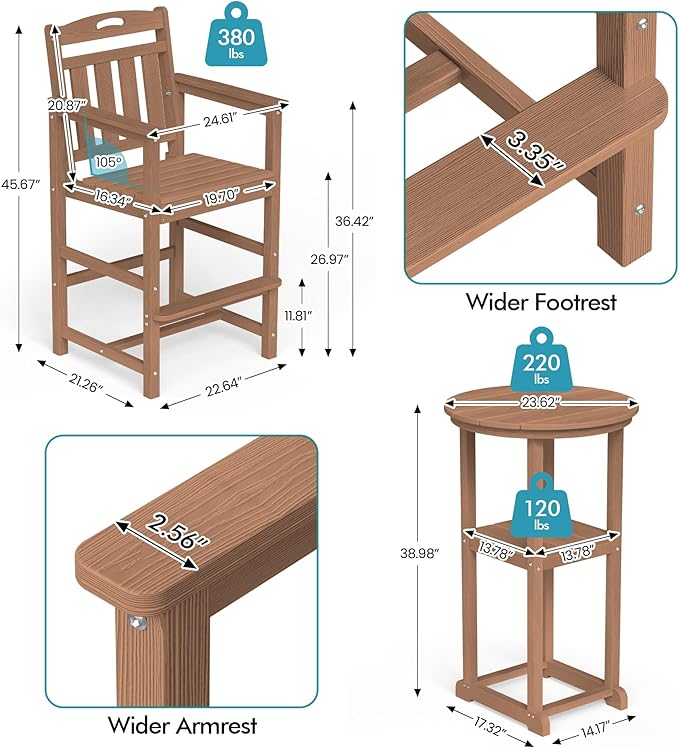 Ciokea Balcony Chairs and Table 3 Pieces Set, Outdoor High Top Bar Set, HDPE Oversized Adirondack Bar Chairs Set of 2 and Round Table for Outside Dining Bistro Poolside Backyard, Teak