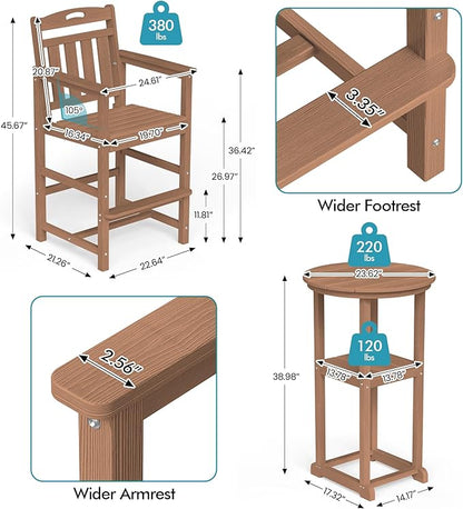 Ciokea Balcony Chairs and Table 3 Pieces Set, Outdoor High Top Bar Set, HDPE Oversized Adirondack Bar Chairs Set of 2 and Round Table for Outside Dining Bistro Poolside Backyard, Teak