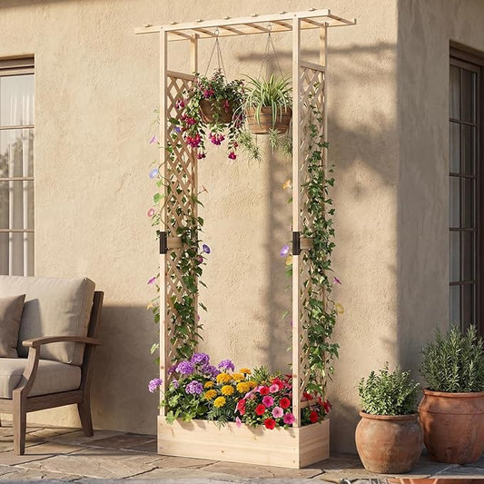 S AFSTAR Raised Garden Bed with Trellis, 2-in-1 Fir Wood Planter Box with Flat Roof & Drainage Holes, Vertical Planter Raised Bed for Climbing Plants, Flowers & Vegetables, 43" x 14" x 89" (Natural)