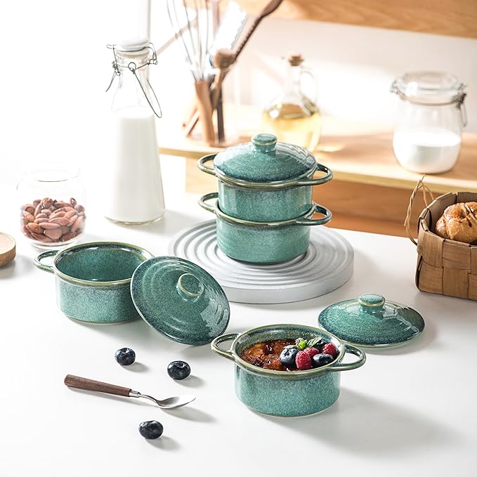 12 oz Mini Cocotte Set of 4, Ceramic Casserole Dishes with Lids & Handles | Reactive Glaze, Individual Baking & Serving, Ideal for Pot Pies, French Onion Soup, Casseroles & Baked Pasta, Oven Safe