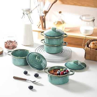 12 oz Mini Cocotte Set of 4, Ceramic Casserole Dishes with Lids & Handles | Reactive Glaze, Individual Baking & Serving, Ideal for Pot Pies, French Onion Soup, Casseroles & Baked Pasta, Oven Safe