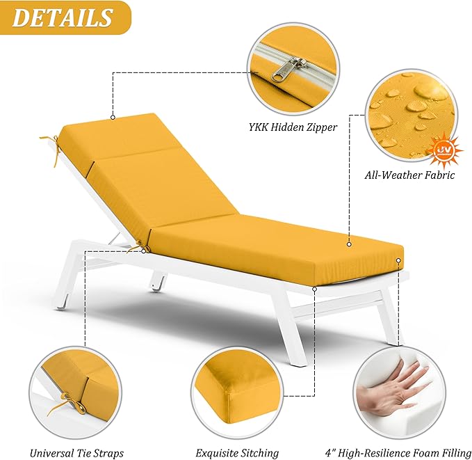 Chaise Lounge Cushion for Outdoor Furniture, Waterproof Fade and Tear Resistant Lounge Deck Chair Cushions for Patio Lawn Pool Resort Hotel
