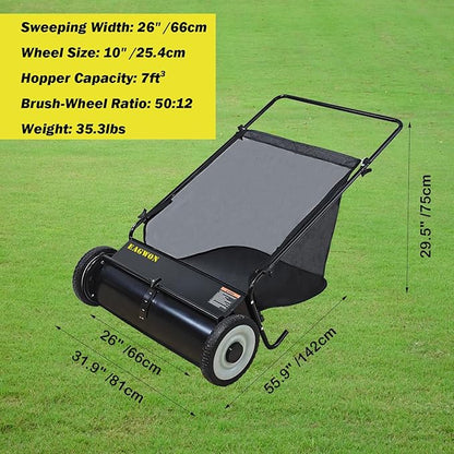 Push Lawn Sweeper, 26-Inch Width, 7 Cu. Ft. Hopper Capacity, 4 Spinning Brushes, Adjustable Height, Durable Steel Frame with Rubber Wheels, Ideal for Leaves and Grass