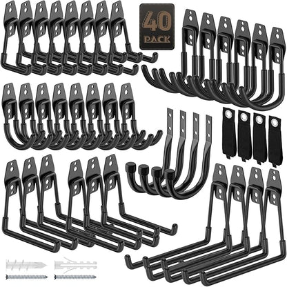 40 Pack Garage Hooks, Heavy Duty Steel Wall Mount Utility Hangers with Anti-Slip Coating for Hanging Bikes, Ladders, Power Tools, and Garden Equipment