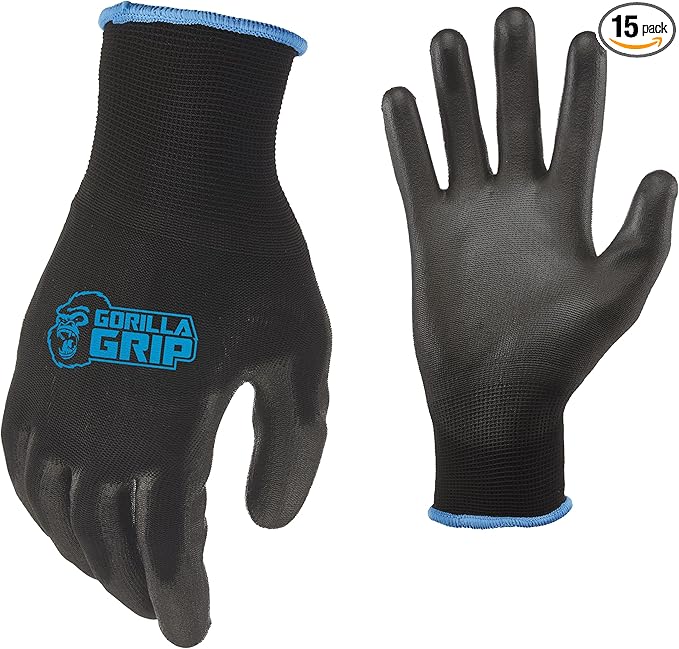 Gorilla Grip Work Gloves, Never Slip Maximum Grip All-Purpose, Gloves for Men, Superior in Wet, Dry, Oily Conditions, Polymer Palm, Large Size, 15 Pairs, Black/Blue | 25042-25