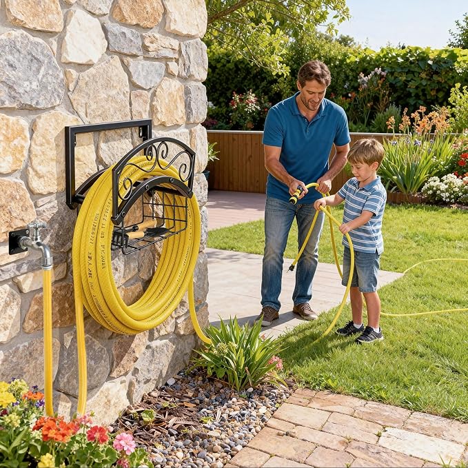 BOLITE Garden Hose Holder Wall Mount, Heavy Duty Metal Water Hose Holder with Basket for Outside, Hose Storage Holds 150FT Water Pipe for Yard, Lawn, Garden, Farm, Gifts for Women Men