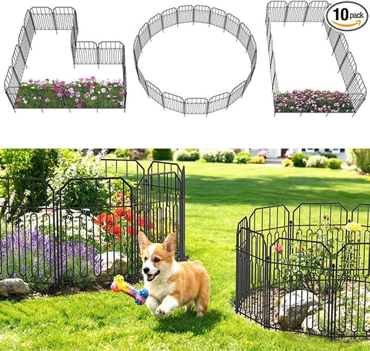 VANCASTLE Decorative Garden Fence, Toatal 10FT(L) x 21IN(H) Outdoor Metal No Dig Fence Animal Barrier, Rustproof No-Tool Assembly Landscape Edging for Yard, Lawn, Patio, Flower Bed-10 Panels Design I