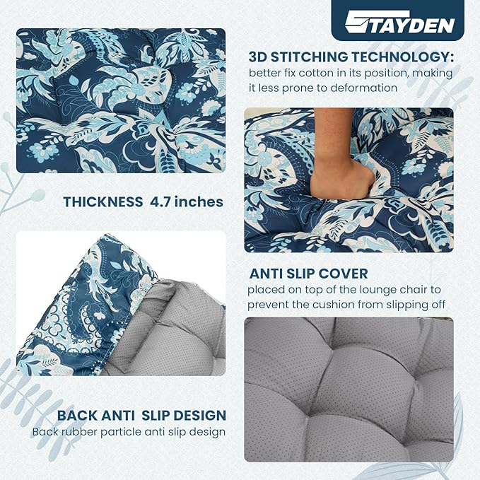Outdoor Lounge Chair Cushions, Chaise Lounge Chair Cushions Replacement for Patio Furniture with Ties Waterproof Fabric Pool Chasie Cushion 74.4 x 22 x 4.7 Inches Damascus