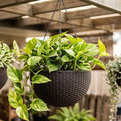 LaLaGreen Hanging Planters for Indoor Plants (11 Inch, 1 Pack) Brown Rattan Style Self-Watering Hanging Flower Pot with Water Level Indicator, Plastic Basket with Metal Chain for Balcony Porch Outdoor