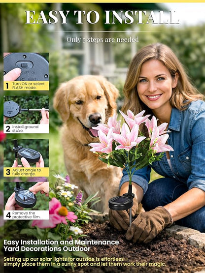 GIGALUMI Solar Garden Lights, 4Pack LED Lily Garden Decor Carefree Solar Flowers Outdoor Waterproof, Yard Decorations Outdoor, Allergy-Free Light up Flowers for Yard Patio (2Pink,1White,1Yellow)