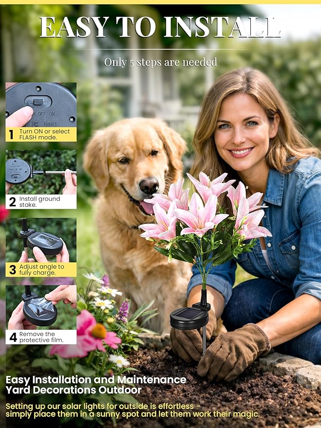 GIGALUMI Solar Garden Lights, 8 Pack LED Lily Garden Decor Carefree Solar Flowers Outdoor Waterproof, Yard Decorations Outdoor, Allergy-Free Light up Flowers for Yard Patio (4Pink, 2White, 2Yellow)